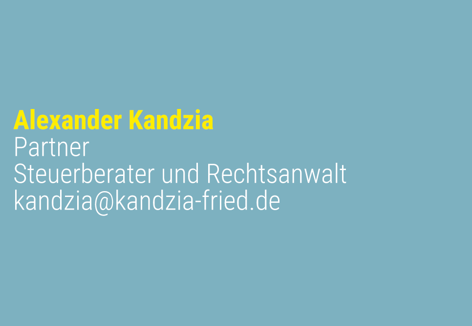 Farbfläche mit Text: Alexander Kandzia, Partner, Steuerberater und Rechtsanwalt