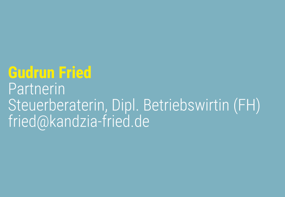 Farbfläche mit Text: Gudrun Fried, Partner, Steuerberaterin und Dipl. Betriebswirtin